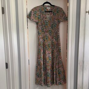 J. Crew x Liberty Floral Midi Dress in Pink, Green & Mustard